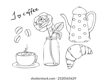 Coloring book food. Cup of coffee, tea, croissant, flower, teapot. Coloring pages for adults. Drawing. Black and white. Vector illustration isolated on white background. Sketch, outline, contour. Art