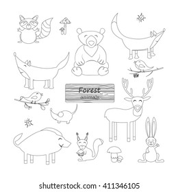 Coloring book "Forest animals". Forest animals in cartoon style on white background.  Wildlife collection. Outline drawing. Vector illustration