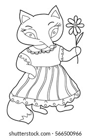  Coloring  book. A Fox.  Hand drawn. Black and white. Children,  vector illustration.