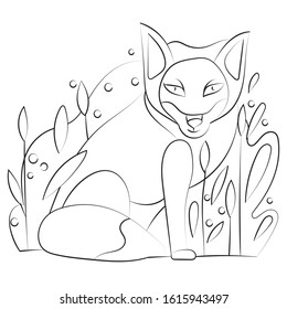 coloring book with fox in plants, postcard