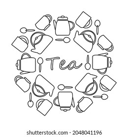 Coloring book frame .Cutlery, kettle, tea cups. Vector Template for design. Tea lettering. Flat black and white style, silhouette. Copy space for text