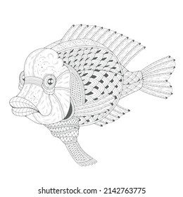 Coloring book. Freehand drawing with a fish on the white background. Image for coloring pages.