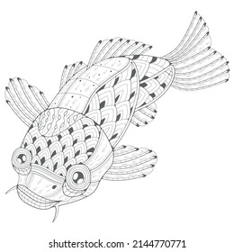 Coloring book. Freehand drawing with a fish on the white background. Image for coloring pages.