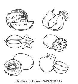Coloring book with fruit images. Vector illustration collection. Watermelon, starfruit, pear, apple, lime, kiwi fruit. 