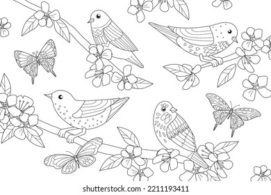 Libro de colores con pájaros divertidos sentados en las ramas floridas de un cerezo y mariposas voladoras alrededor. Un pájaro acude en flor sobre la madera de Sakura. página de color para adultos de esquema blanco y negro 