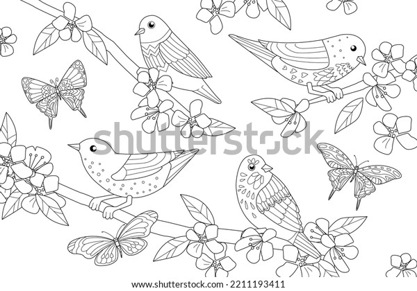 Coloring book with fun birds seated on the flowery\
branches of a cherry tree and flying butterflies around. A bird\
flock perching on Sakura wood in bloom. Black and white outline\
adult colouring page 