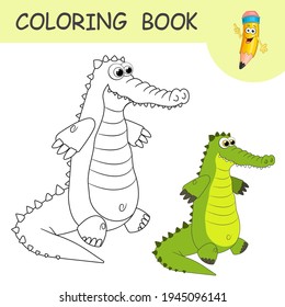 Coloring book with fun character Alligator. Colorless and color samples Crocodile on coloring page for kids. Coloring design in cute cartoon style. Black contour silhouette with a sample for coloring.