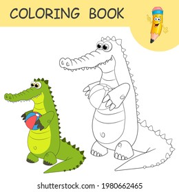Coloring book with fun character Alligator with ball. Colorless and color samples Crocodile on coloring page. Coloring design in cute cartoon style. Black contour silhouette with a sample for coloring