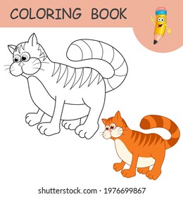 Coloring book with fun character Cat. Colorless and color samples Kitten or Kitty on coloring page for kids. Coloring design in cute cartoon style. Black contour silhouette with a sample for coloring.