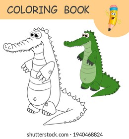 Coloring book with fun character Crocodile. Colorless and color samples Alligator on coloring page for kids. Coloring design in cute cartoon style. Black contour silhouette with a sample for coloring.