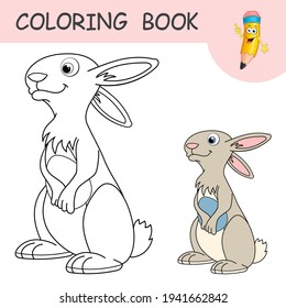 Coloring book with fun character easter Rabbit. Colorless and color samples Hare on coloring page for kids. Coloring design in cute cartoon style. Black contour silhouette with a sample for coloring.