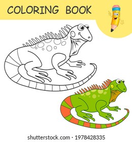 Coloring book with fun character Iguana. Colorless and color samples salamander on coloring page for kids. Coloring design in cute cartoon style. Black contour silhouette with a sample for coloring.