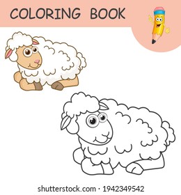 Coloring book with fun character Lamb. Colorless and color samples young sheep on coloring page for kids. Coloring design in cute cartoon style. Black contour silhouette with a sample for coloring.