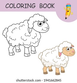 Coloring book with fun character Sheep. Colorless and color samples Lamb on coloring page for kids. Coloring design in cute cartoon style. Black contour silhouette with a sample for coloring. Vector