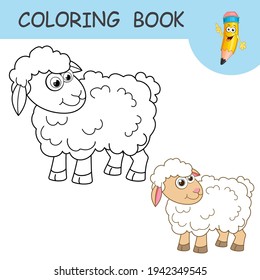 Coloring book with fun character young Sheep. Colorless and color samples Ewe on coloring page for kids. Coloring design in cute cartoon style. Black contour silhouette with a sample for coloring.