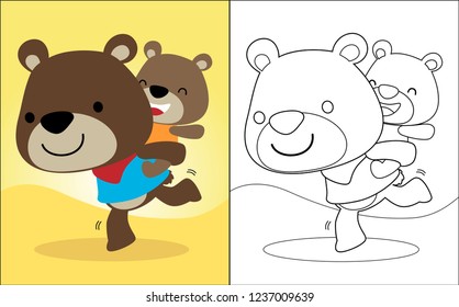 Coloring book of funny bear carrying other bear on it back