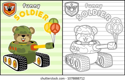 Coloring book of funny bear cartoon in soldier helmet on armored vehicle
