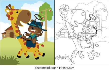 Coloring book of funny bear cartoon in cowboy costume riding giraffe on farmyard background