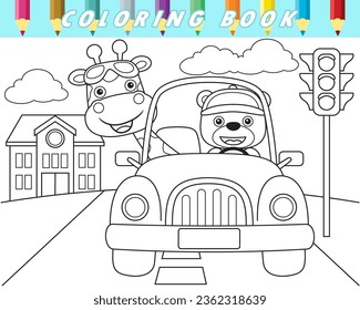 Coloring book of funny bear with giraffe on car in city road. Vector cartoon illustration