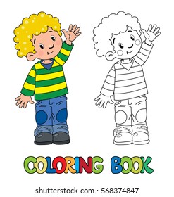 Coloring book of funny boy in striped sweater and jeans waving by hand. Children vector illustration