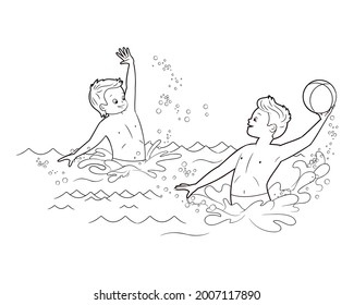 Coloring book: funny boys play ball in water. Vector illustration in cartoon style, black and white line art for kids