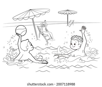 Coloring book: funny boys play with a ball in the water against the background of the beach. Summer vacation on a sunny day. Vector illustration in cartoon style, black and white lines for children