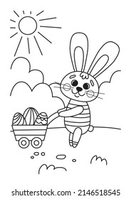 Coloring book. funny bunny with a cart of Easter eggs.Vector illustration in a flat cartoon style, black and white line art