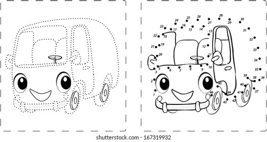 Coloring book. Funny bus drawing with dots and digits