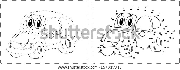 Coloring
book. Funny car drawing with dots and
digits