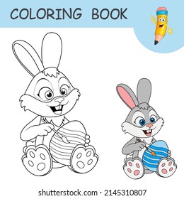 Coloring book with funny cartoon Easter Bunny with a brush painting an egg. Colorless and color samples of Rabbit and Easter egg. Happy Easter. Spring holiday. Template of practice worksheet for kids.