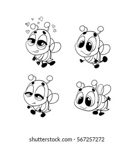 Coloring book funny Cartoon insect bumble bee. Cartoon insect bumble bee illustration. Entertainment for kid. Set of bees, vector