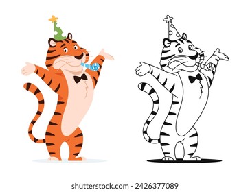 Coloring book. Funny cartoon tiger in party hat with party blower whistle on white background. Cute animal character for kids preschool activity. Worksheet design. Coloring page vector illustration.
