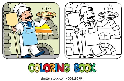 Coloring book of funny cook or chef  with pizza 