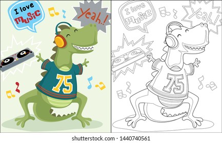 Coloring book of funny dinosaur cartoon with headphone dancing, DJ music element illustration