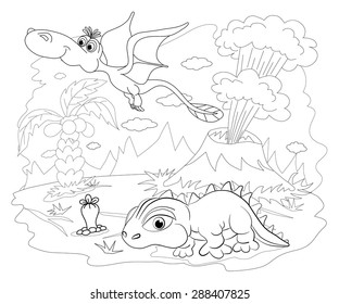 Coloring book. Funny dinosaur in a prehistoric landscape. Cartoon and vector isolated character on background.