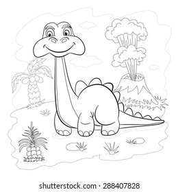 Coloring book. Funny dinosaur in a prehistoric landscape. Cartoon and vector isolated character on background.