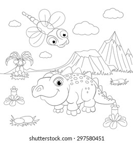 Coloring book. Funny dinosaur in a prehistoric landscape. Cartoon and vector isolated character on background.