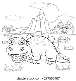 Coloring book. Funny dinosaur in a prehistoric landscape. Cartoon and vector isolated character on background.