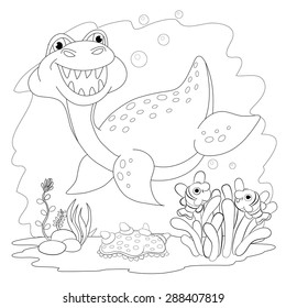 Coloring book. Funny dinosaur in a sea. Cartoon and vector isolated character on background.