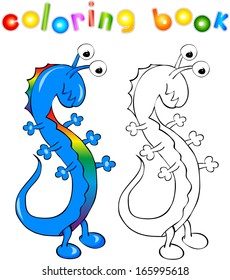 Coloring book. Funny dragon-monster with rainbow skin