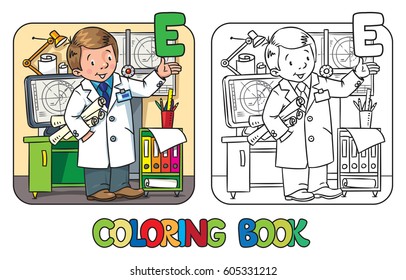 Coloring book of funny engineer or inventor. A man in coat with drawings showing by hand. Profession ABC series. Children vector illustration. Alphabet. Letter E