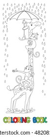 Coloring book of funny giraffe and two monkeys with umbrella under the rain. Childrens vector illustration