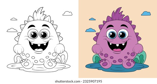 Coloring book with Funny Halloween Monster Vector Illustration Art. Coloring page cute monster. Chibi monster. Kawaii monster.