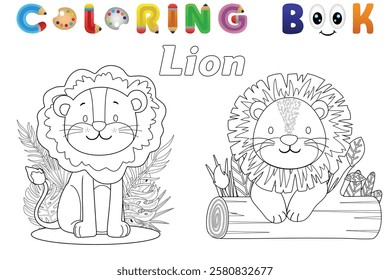 Coloring book of funny lions, vector catoon illustration