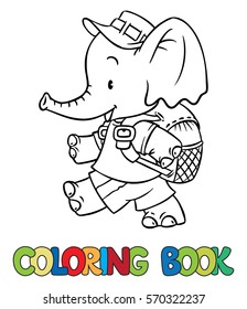 Coloring book of funny little funny baby elephant with backpack. Children vector illustration