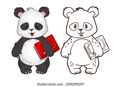 Coloring book: funny little panda holding a book in his hands. Vector illustration in cartoon style, black and white lineart