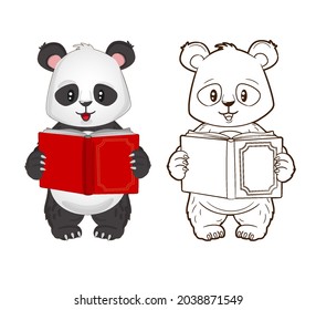Coloring book: funny little panda holding a book in his hands. Vector illustration in cartoon style, black and white line art