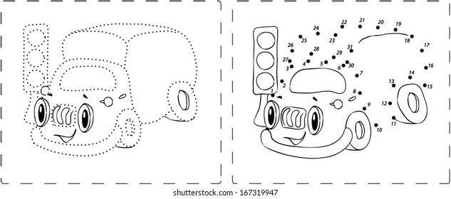 Coloring book. Funny lorry drawing with dots and digits