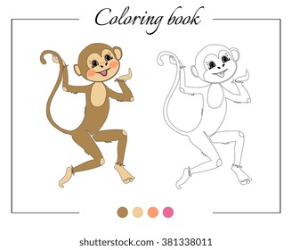 Coloring book with funny monkey. Cartoon vector illustration for children education.