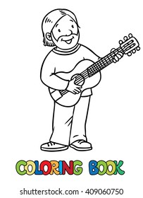 Coloring book of funny musician or guitarist or artist with guitar. Profession series. Children vector illustration.